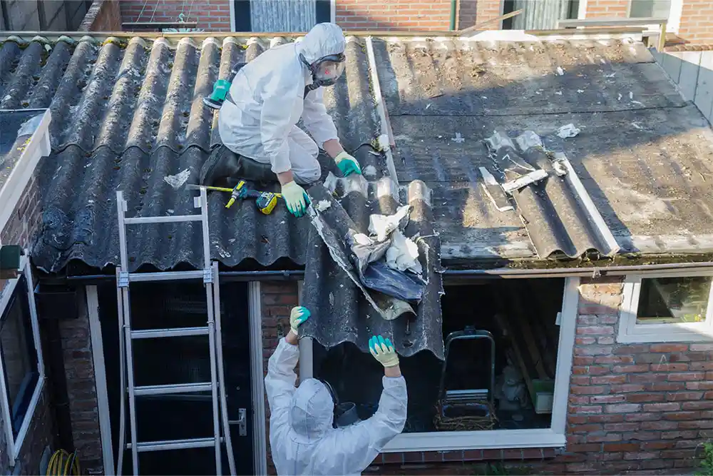 Professional asbestos removal team in protective equipment